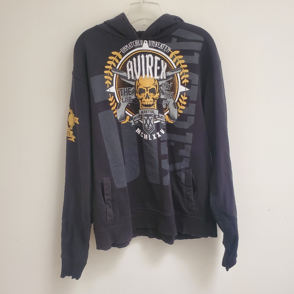 AVIREX Black and Gold Graphic Hoodie Size XL